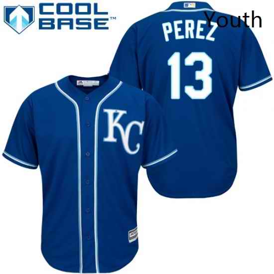 Youth Majestic Kansas City Royals 13 Salvador Perez Authentic Blue Cool Base MLB Jersey